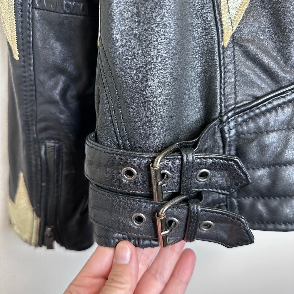 Scotch & Soda Black Leather Jacket with Gold Stars - Picture 7 of 10